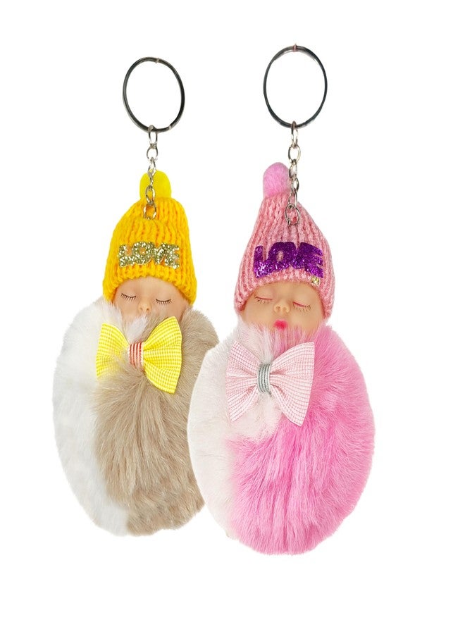 ZAFCO Mini Plush Pom Pom Doll Keychain - Cute Sleeping Baby Key Ring for Girls || Fluffy Bag Charm for Women, Girls, Backpack & Purse Accessories Multicolor Random- 2 Pieces (Mini Doll Keychain 2) - Image 1